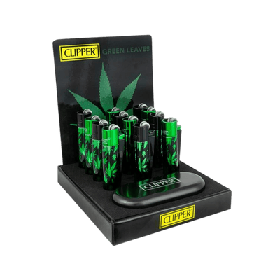 Clipper Metal Leaves Green Display mit 12 Feuerzeugen