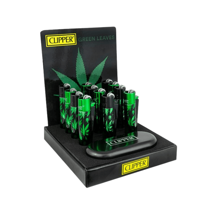 Clipper Metal Leaves Green Display mit 12 Feuerzeugen