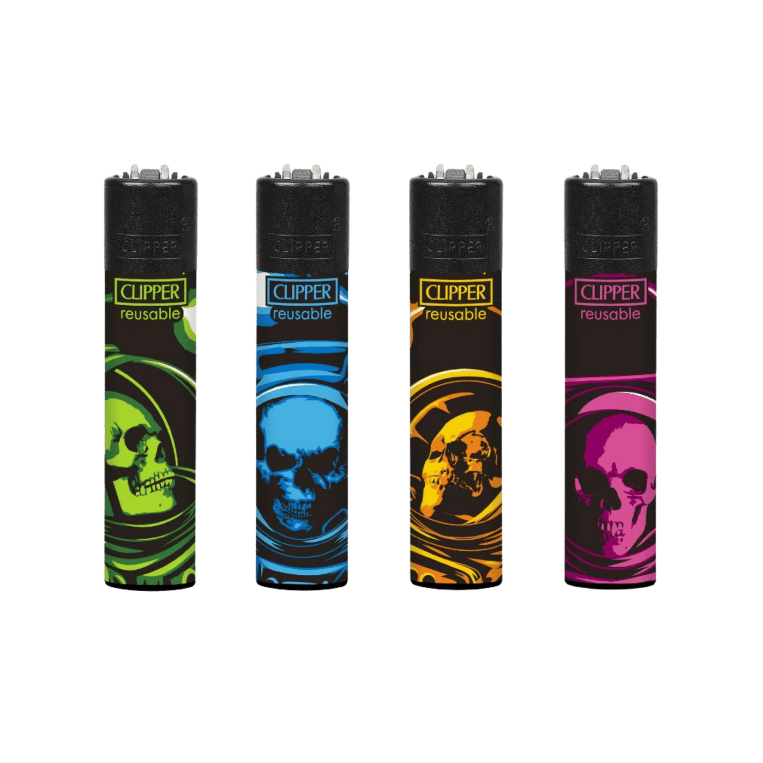 Clipper Space Trip Feuerzeuge im 4er-Set mit Skull-Motiven
