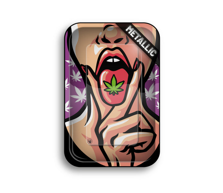 FireFlow Rolling Tray Metallic mit Comic Frau und Hanfblatt auf der Zunge