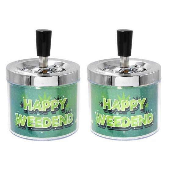 Drehaschenbecher Happy Weedend aus Metall mit Drehdeckel