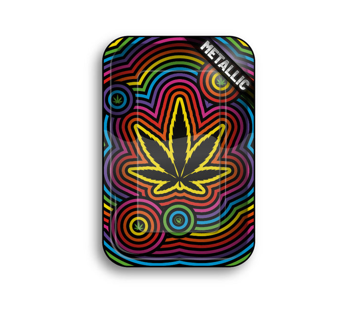 FireFlow Rolling Tray Circle Leaf mit Hanfblatt auf bunten Kreislinien in Metallic-Ausführung