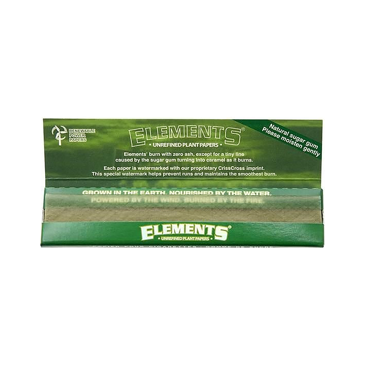Geöffnetes Elements Green King Size Slim Heft mit Papers