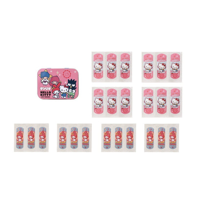 Offene Metalldose mit Hello Kitty Pflastern im Inneren