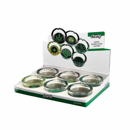 Display mit 6 Hemp Leaves Glas Aschenbechern rund