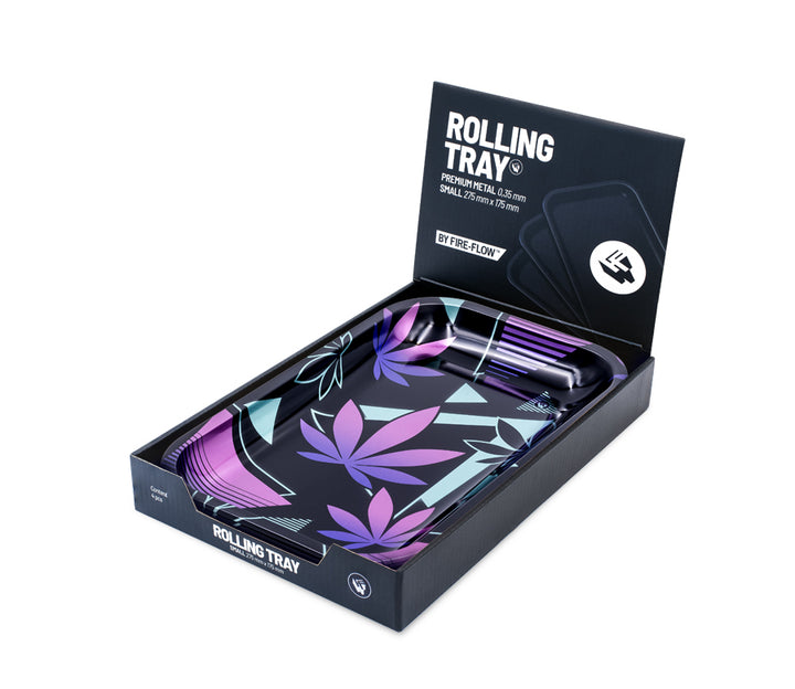FireFlow Rolling Tray Leaves 37 Metallschale im dunklen Display-Karton mit Deckel