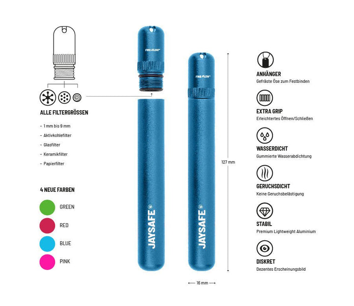 JAYSAFE Joint Tube Blue Seitenansicht mit Öse am Deckel