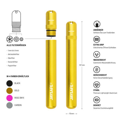 JAYSAFE Joint Tube Gold Seitenansicht mit Öse am Deckel