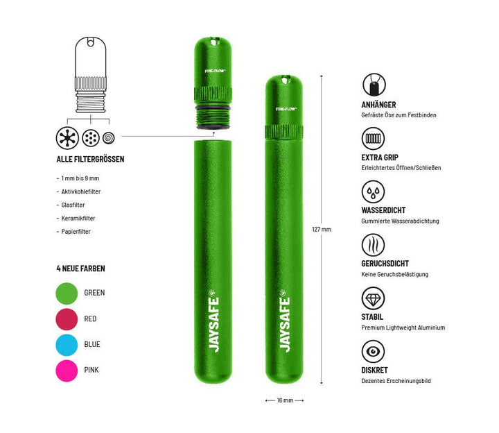 JAYSAFE Joint Tube Green Seitenansicht mit Öse am Deckel