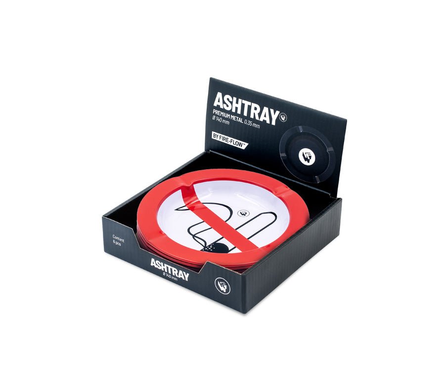 Display mit 6 FIRE-FLOW Metall-Aschenbechern Rauchen verboten
