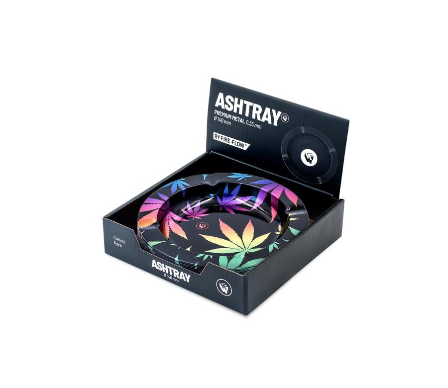 Display mit 6 FIRE-FLOW Metall-Aschenbechern Leaves Gradient