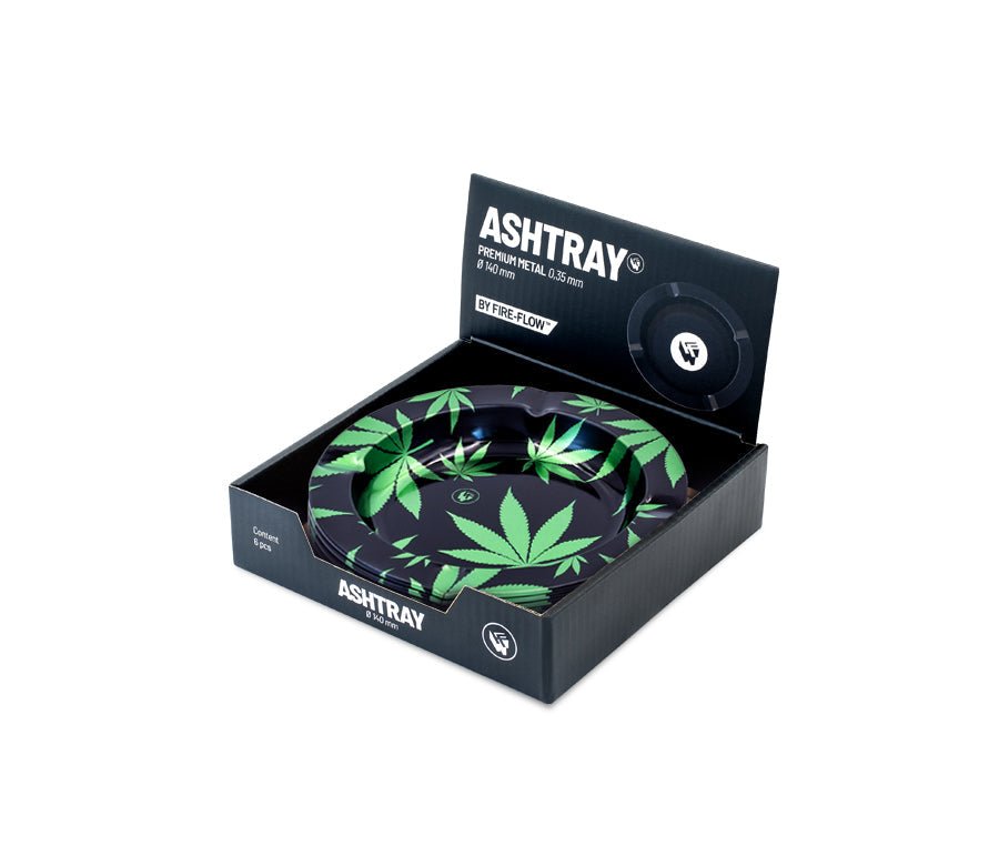 Display mit 6 FIRE-FLOW Metall-Aschenbechern Leaves Green Metallic