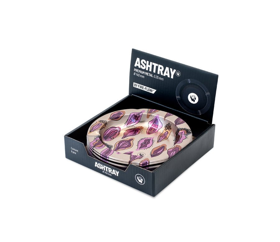 Display mit 6 FIRE-FLOW Metall-Aschenbechern Pussy Pattern