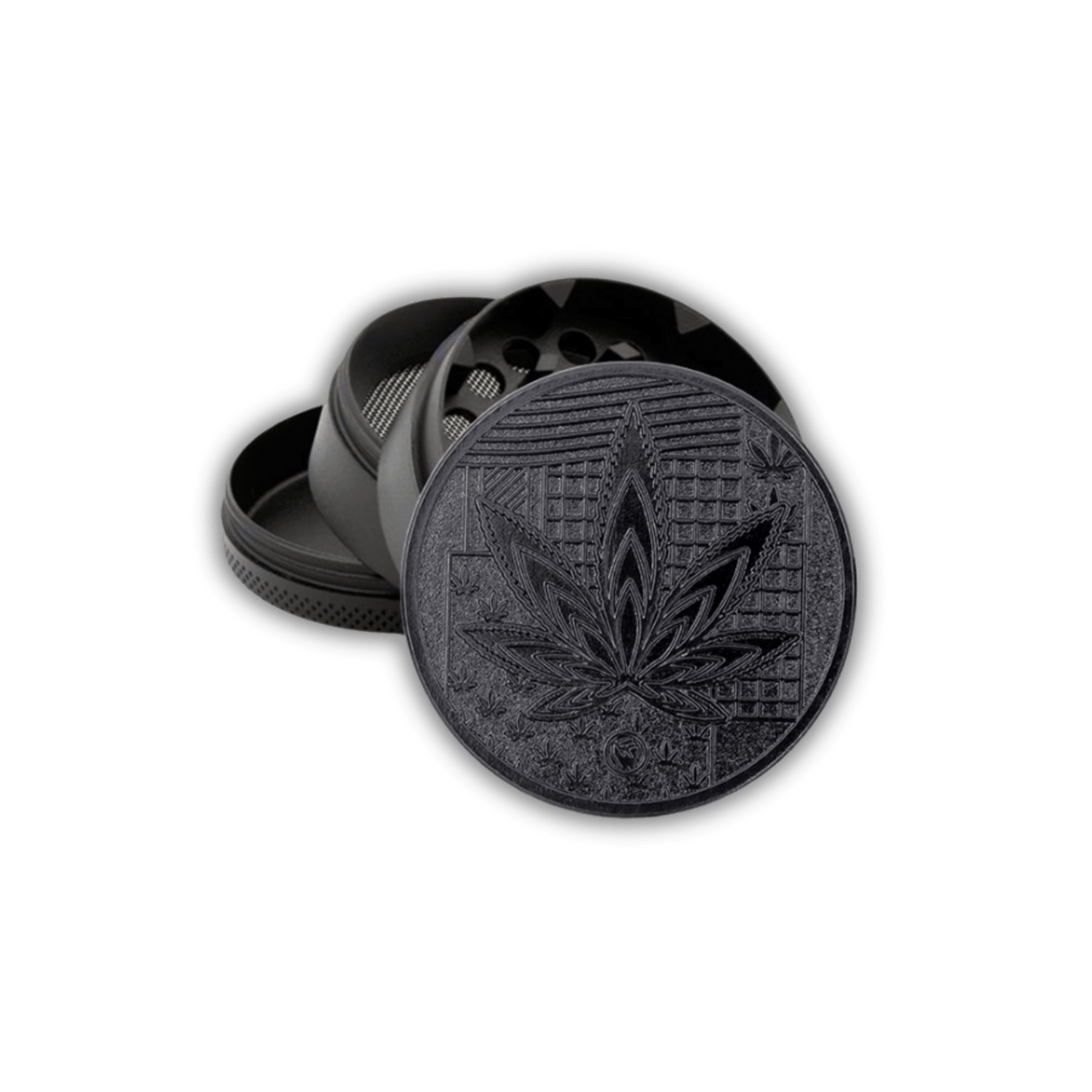 Schwarzer Metall Grinder 50mm, 4-teilig, Leaves 36 Motiv