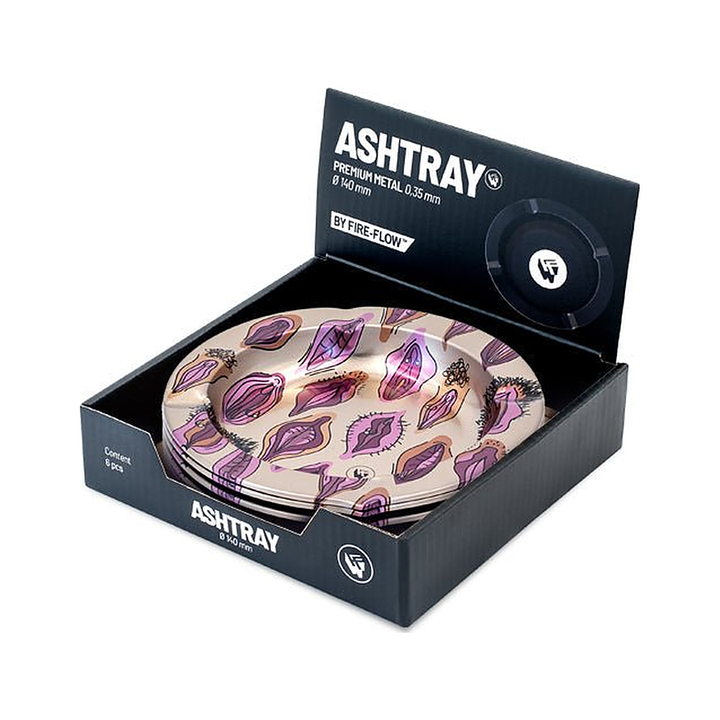 Display mit 6 FIRE-FLOW Metall-Aschenbechern Pussy Pattern