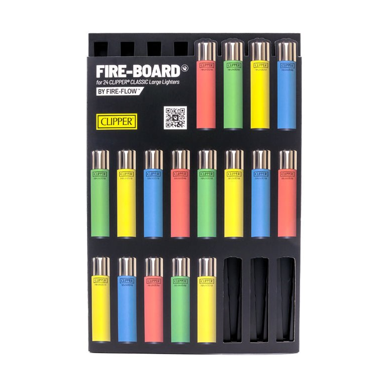 FIRE-BOARD mit 24 Clipper Feuerzeugen bestückt, Übersicht