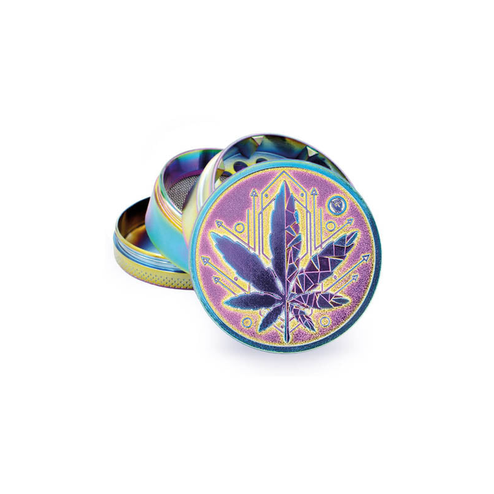 FireFlow Grinder Icy in Regenbogen-Optik mit geometrischem Hanfblatt, 4-teilig