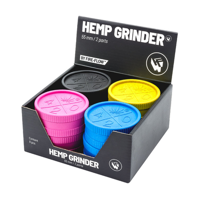 Display mit 8 FireFlow Hemp Grindern 420 in vier Farben 55 mm 2-teilig