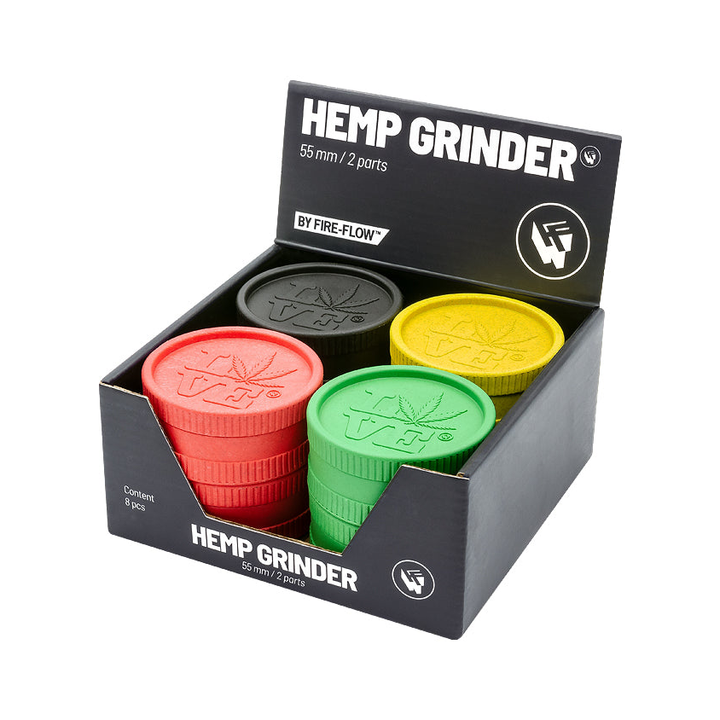 Display mit 8 FireFlow Hemp Grindern 420 Love in vier Farben 5.5 cm 2-teilig