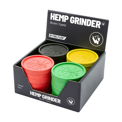Display mit 8 FireFlow Hemp Grindern 420 Love in vier Farben 5.5 cm 2-teilig