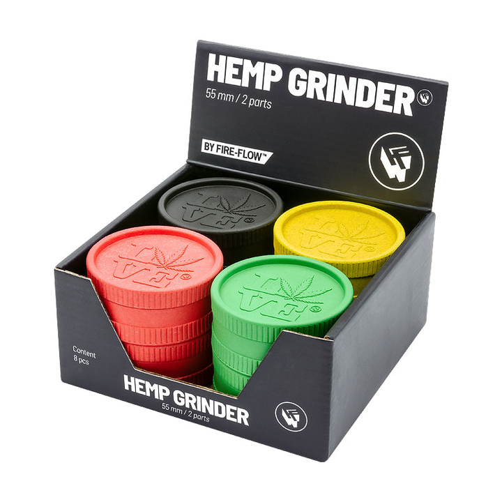 Display mit 8 FireFlow Hemp Grindern 420 Love in vier Farben 5.5 cm 2-teilig