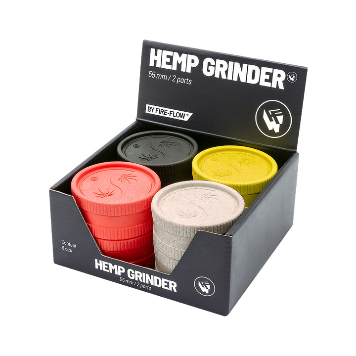 Display mit 8 FireFlow Hemp Grindern 420 Yin Yang in Schwarz, Rot, Gelb und Beige 55 mm