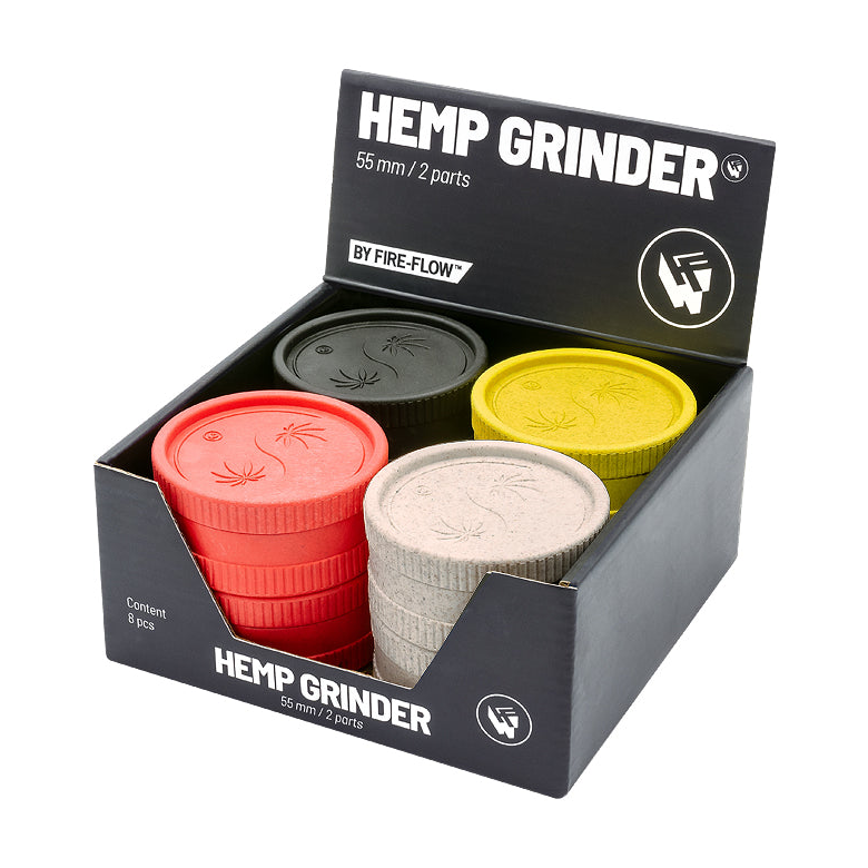 Display mit 8 FireFlow Hemp Grindern 420 Yin Yang in Schwarz, Rot, Gelb und Beige 55 mm