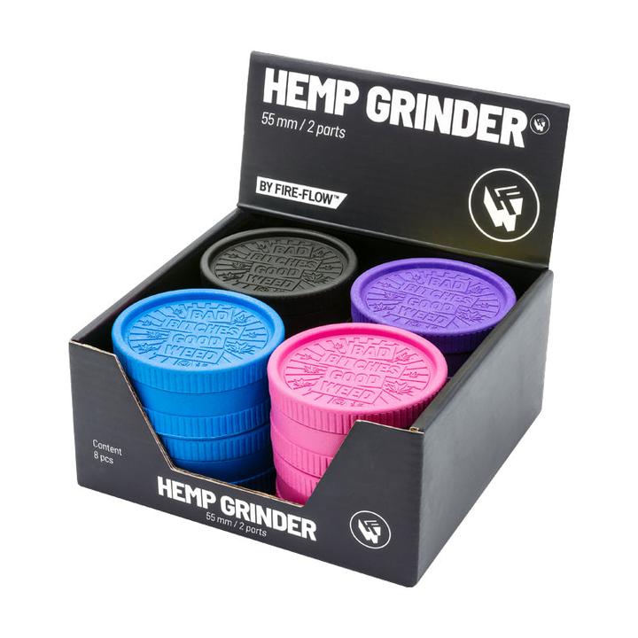 Display mit 8 FireFlow Hemp Grindern Bad Bitches in vier Farben 5.5 cm 2-teilig