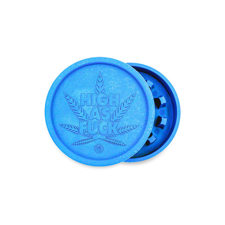 FireFlow Hemp Grinder High as Fuck in Blau mit geprägtem Hanfblatt und Schriftzug