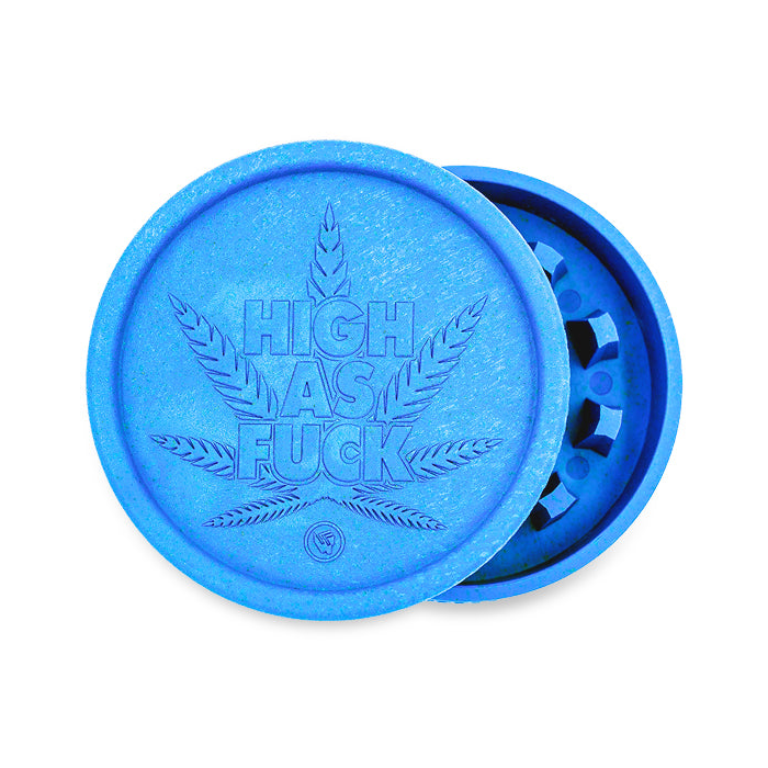 FireFlow Hemp Grinder High as Fuck in Blau mit geprägtem Hanfblatt und Schriftzug