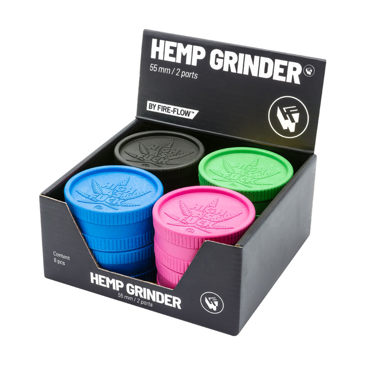 Display mit 8 FireFlow Hemp Grindern High as Fuck in vier Farben 5.5 cm 2-teilig