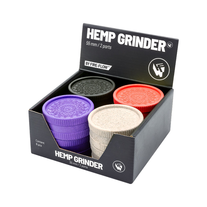 Display mit 8 FireFlow Hemp Grindern Leaf Pattern in vier Farben 55 mm 2-teilig