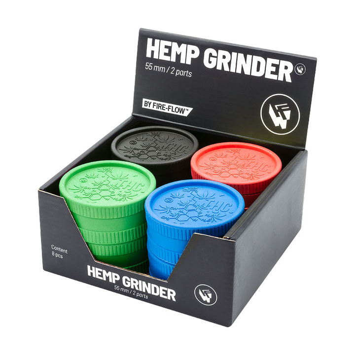 Display mit 8 FireFlow Hemp Grindern THC Molecule in vier Farben 5.5 cm 2-teilig