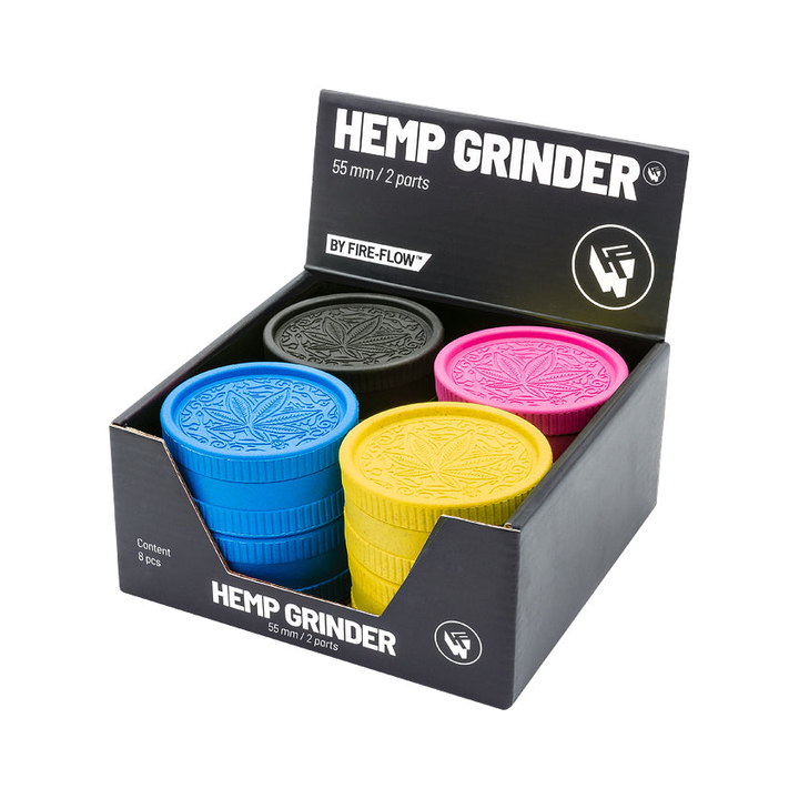Display mit 8 FireFlow Hemp Grindern Trance Leaf in vier Farben 5.5 cm 2-teilig