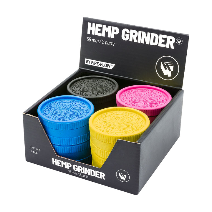 Display mit 8 FireFlow Hemp Grindern Trance Leaf in vier Farben 5.5 cm 2-teilig