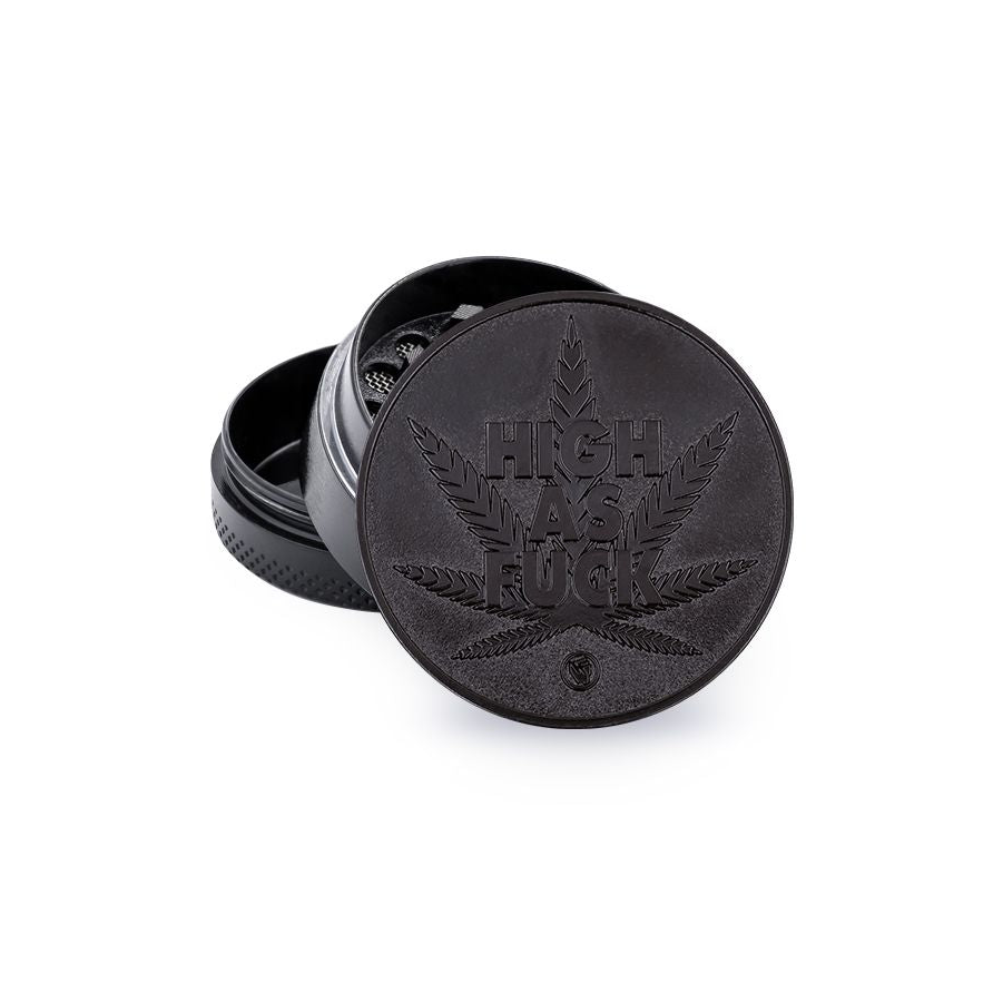 Grinder en métal FireFlow noir avec slogan et feuille de chanvre en relief