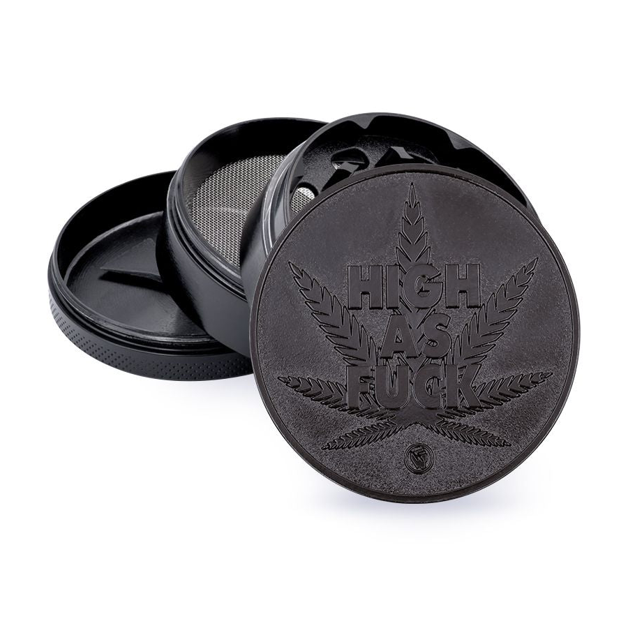 Schwarzer FireFlow Metall-Grinder mit High As Fuck Schriftzug, 4 Teile geöffnet