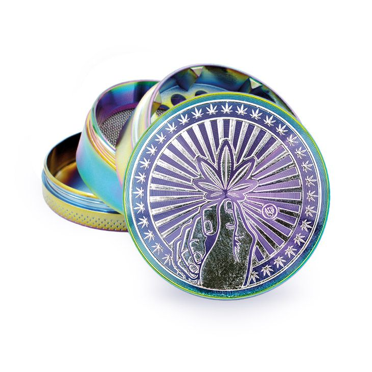 FireFlow Metall-Grinder in Regenbogenfarben mit Hand und Hanfblatt Gravur, 4-teilig