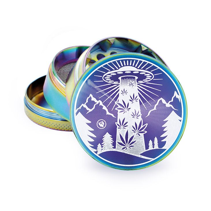 FireFlow Metall-Grinder HS 420 Ufo in Icy Regenbogen-Optik geöffnet mit Ufo-Motiv auf dem Deckel