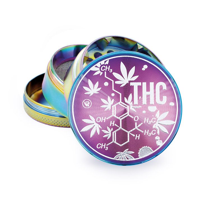 FireFlow Metall-Grinder THC Molecule in Regenbogenfarben mit THC-Molekül-Aufdruck