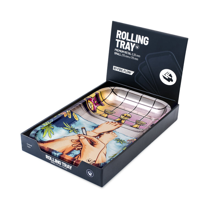 FireFlow Rolling Tray 420 Bath in geöffneter schwarzer Display-Verpackung