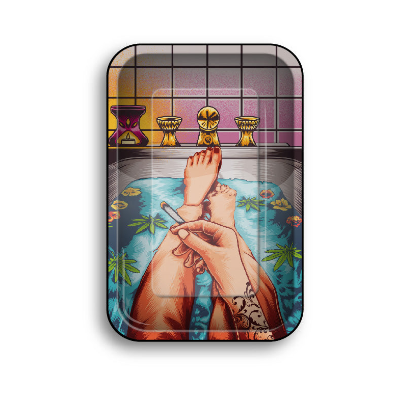FireFlow Rolling Tray 420 Bath Metallschale mit Comic-Motiv einer Badewanne mit Joint
