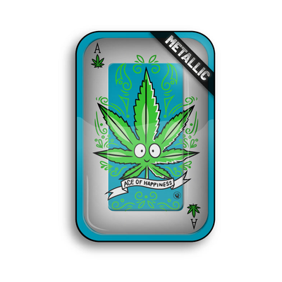 FireFlow Rolling Tray im Spielkarten Design mit Cartoon Hanfblatt und Ace of Happiness Schriftzug