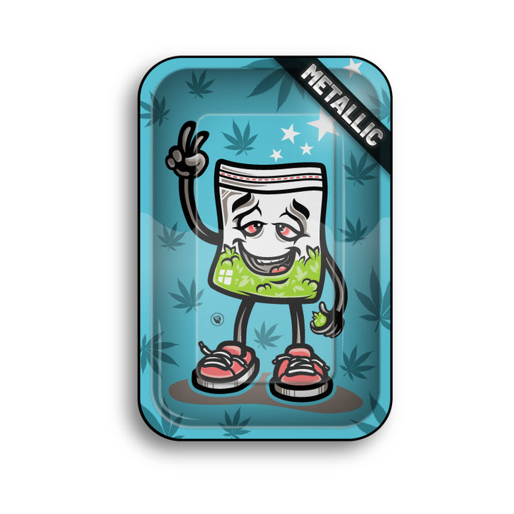 FireFlow Rolling Tray 420 Characters in Türkis mit Cartoon-Beutel-Figur und Hanfblättern