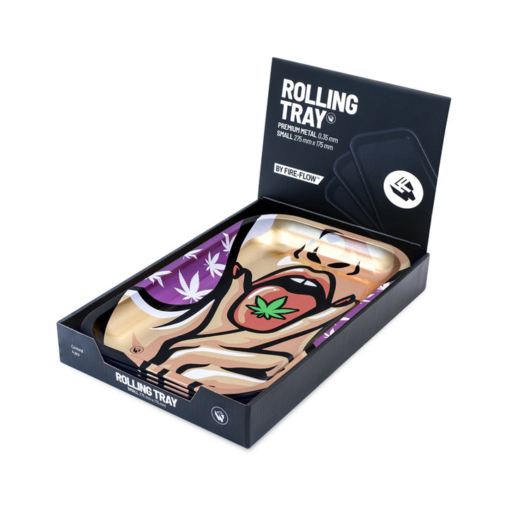 FireFlow Rolling Tray 420 Girl in schwarzer Display-Verpackung, Ansicht offen