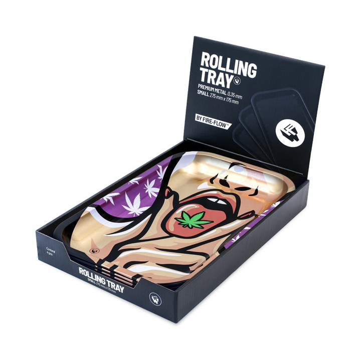 FireFlow Rolling Tray 420 Girl in schwarzer Display-Verpackung, Ansicht offen
