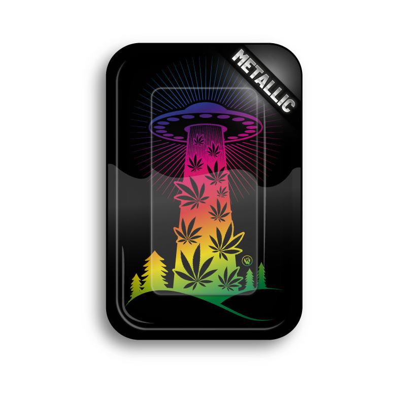 FireFlow Rolling Tray mit buntem 420 Ufo Motiv auf schwarzem Metall, Draufsicht