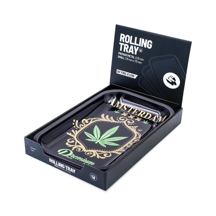 Metallschale mit Amsterdam Motiv in geöffneter FireFlow Rolling Tray Verkaufsbox