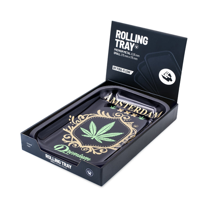Metallschale mit Amsterdam Motiv in geöffneter FireFlow Rolling Tray Verkaufsbox
