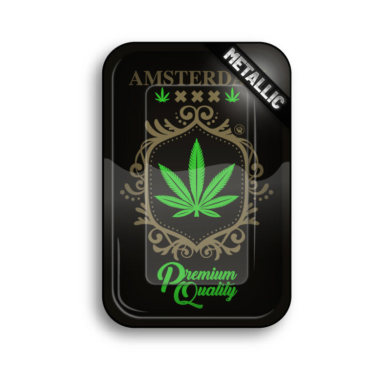 FireFlow Rolling Tray mit Amsterdam Schriftzug, grünem Hanfblatt und goldenen Ornamenten